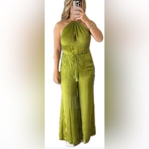 Silk, green, halter jumpsuit.  Capri length size xs